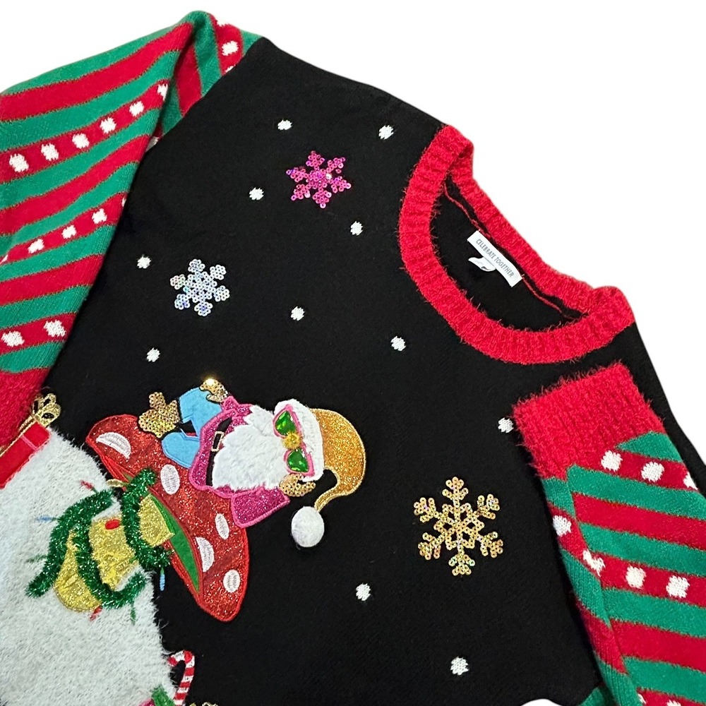Celebrate Together Santa Mushroom Christmas Sweater Festive Black Sequin XL
